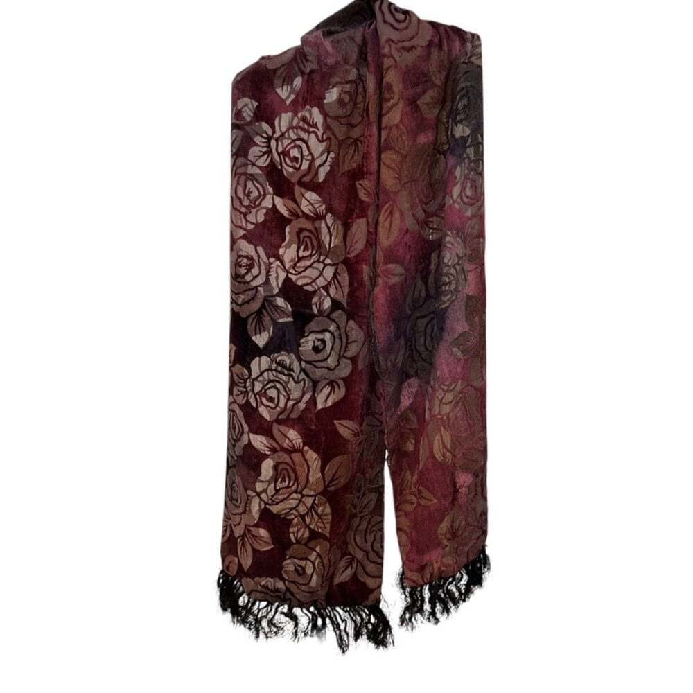 Velvet Devore burnout burgundy rose print scarf silk fringe